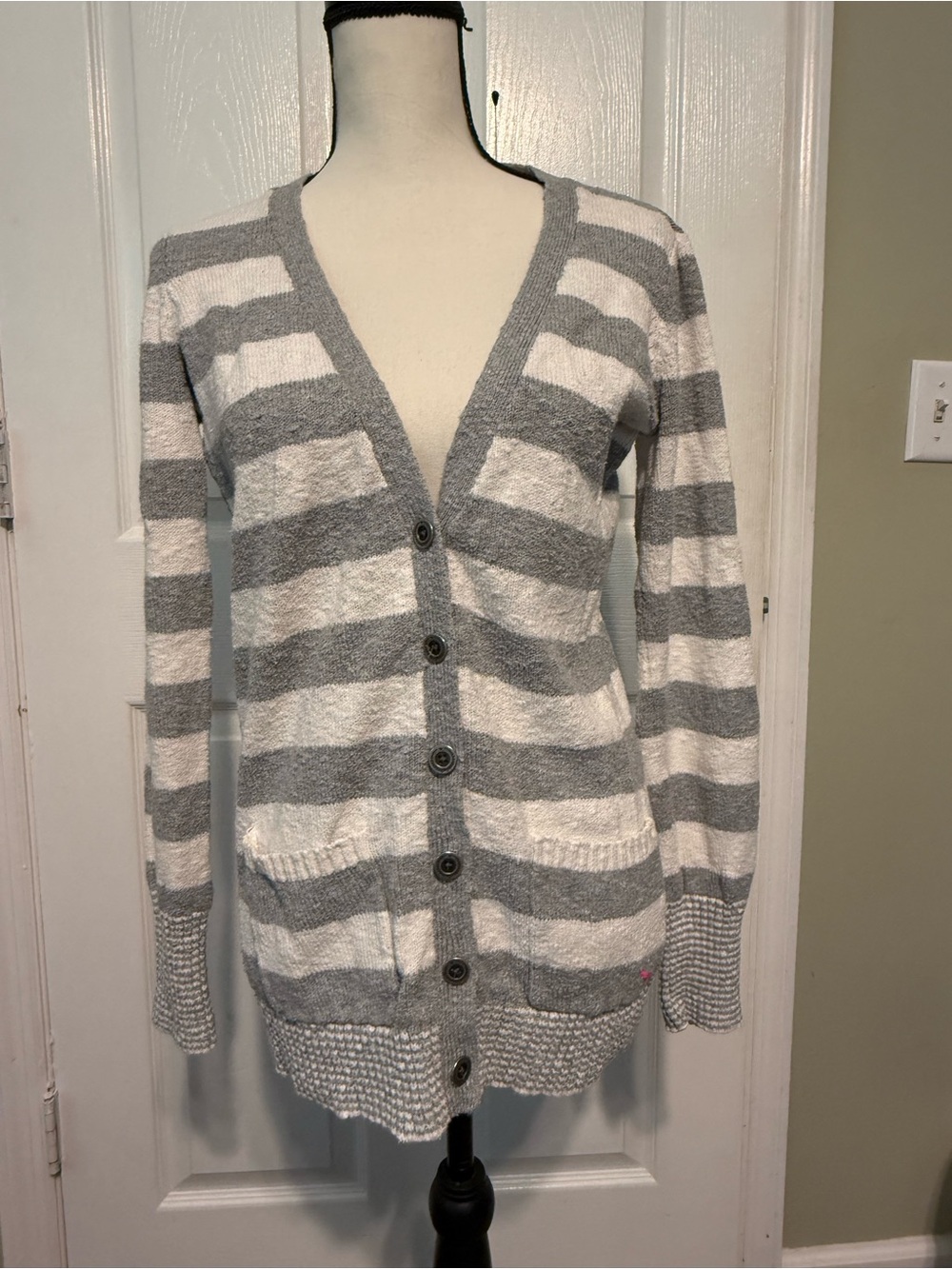 PINK Victoria's Secret Gray and White Striped Button Cardigan